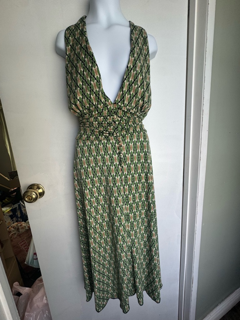 AGB Olive Green & Beige Patterned Sleeveless Maxi Dress